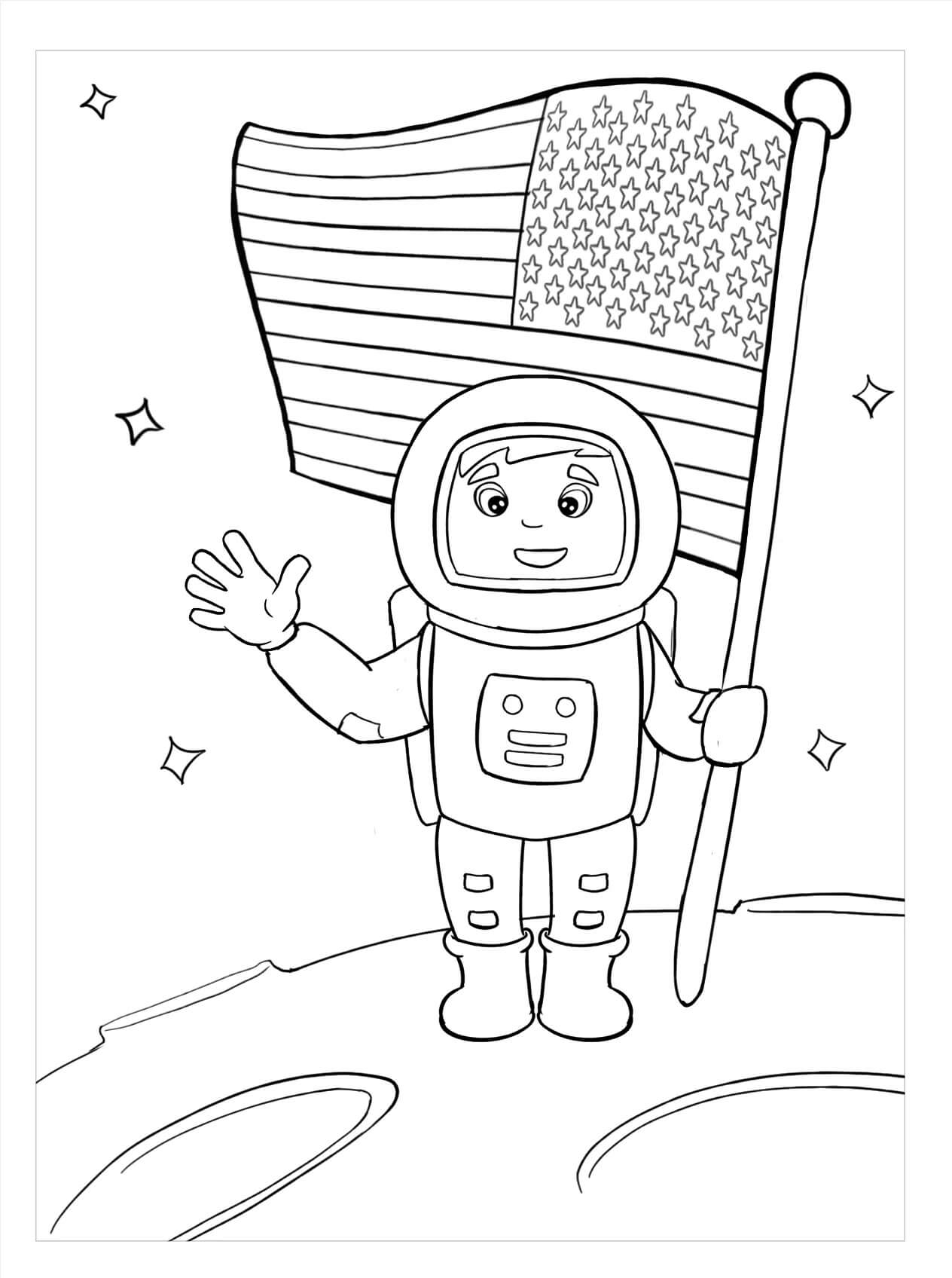 Dibujos de Astronauta con Bandera Americana para colorear