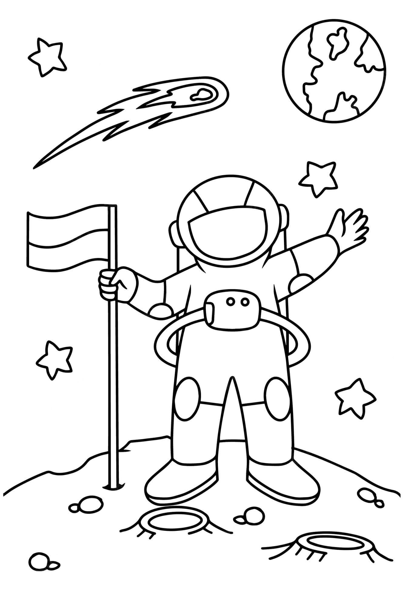 Astronauta con Bandera en el Planeta para colorir