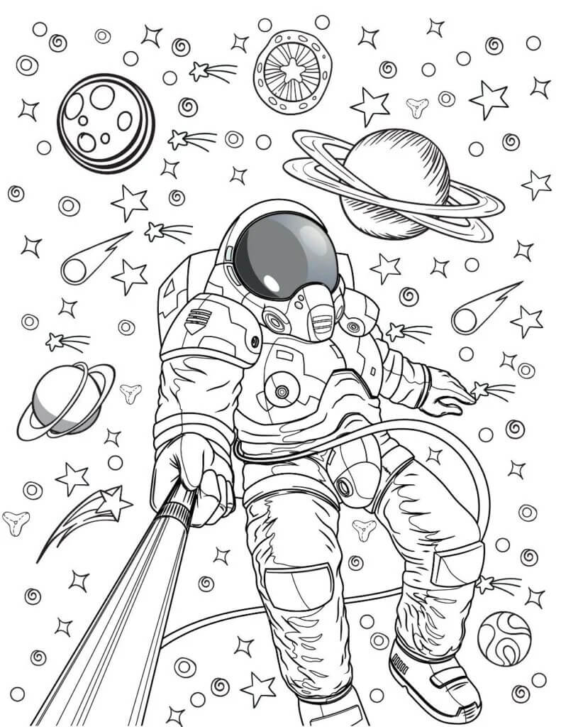 Dibujos de Astronauta con Planetas y Estrellas para colorear