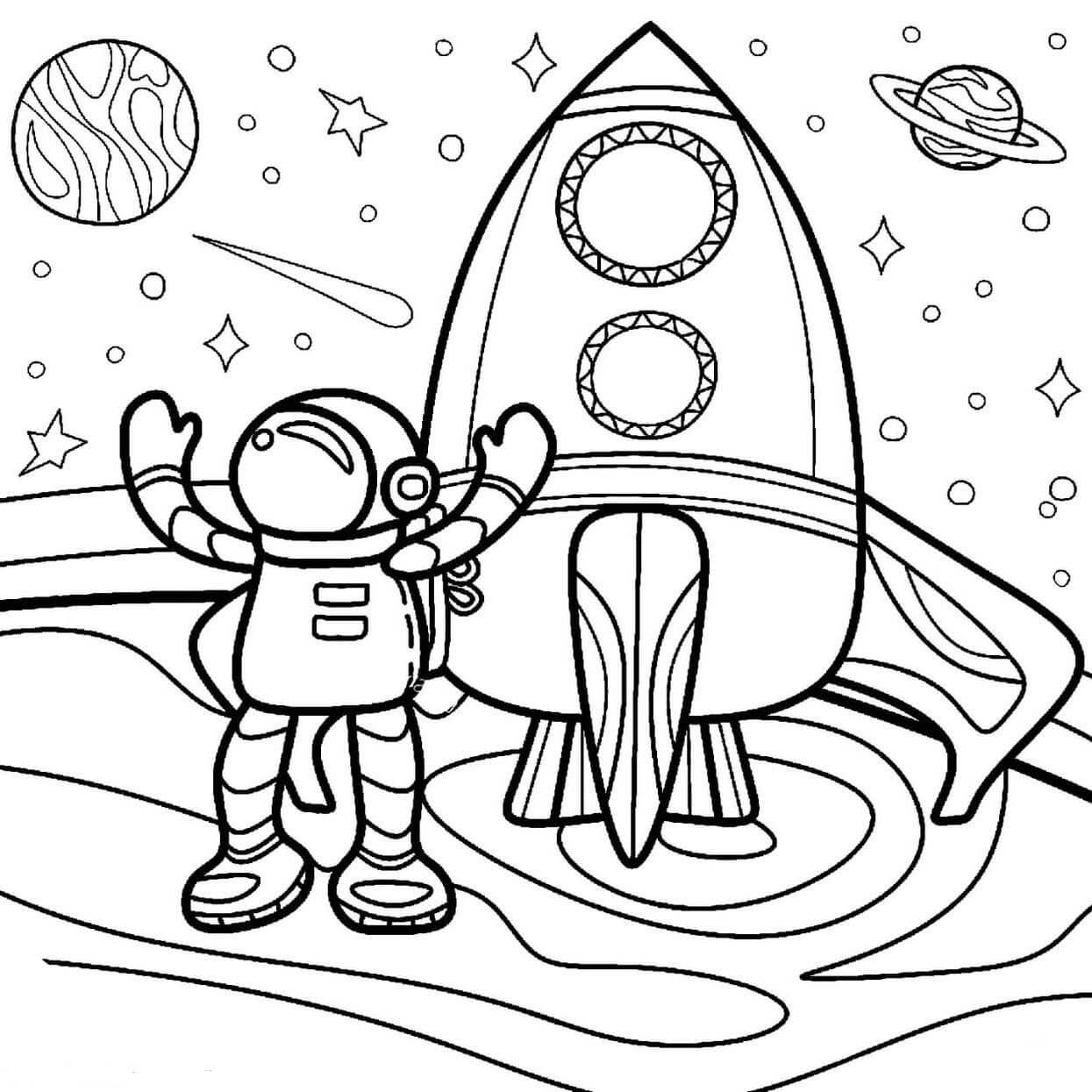 Astronauta de Dibujos Animados con Cohete para colorir
