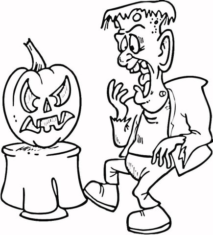 Dibujos de Asustar A Frankenstein Con Calabaza para colorear