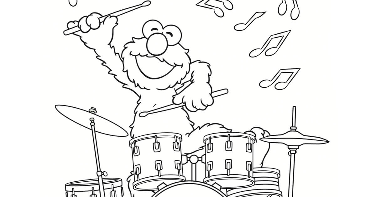 Dibujos de Barrio Sésamo Elmo Tocando el Tambor para colorear