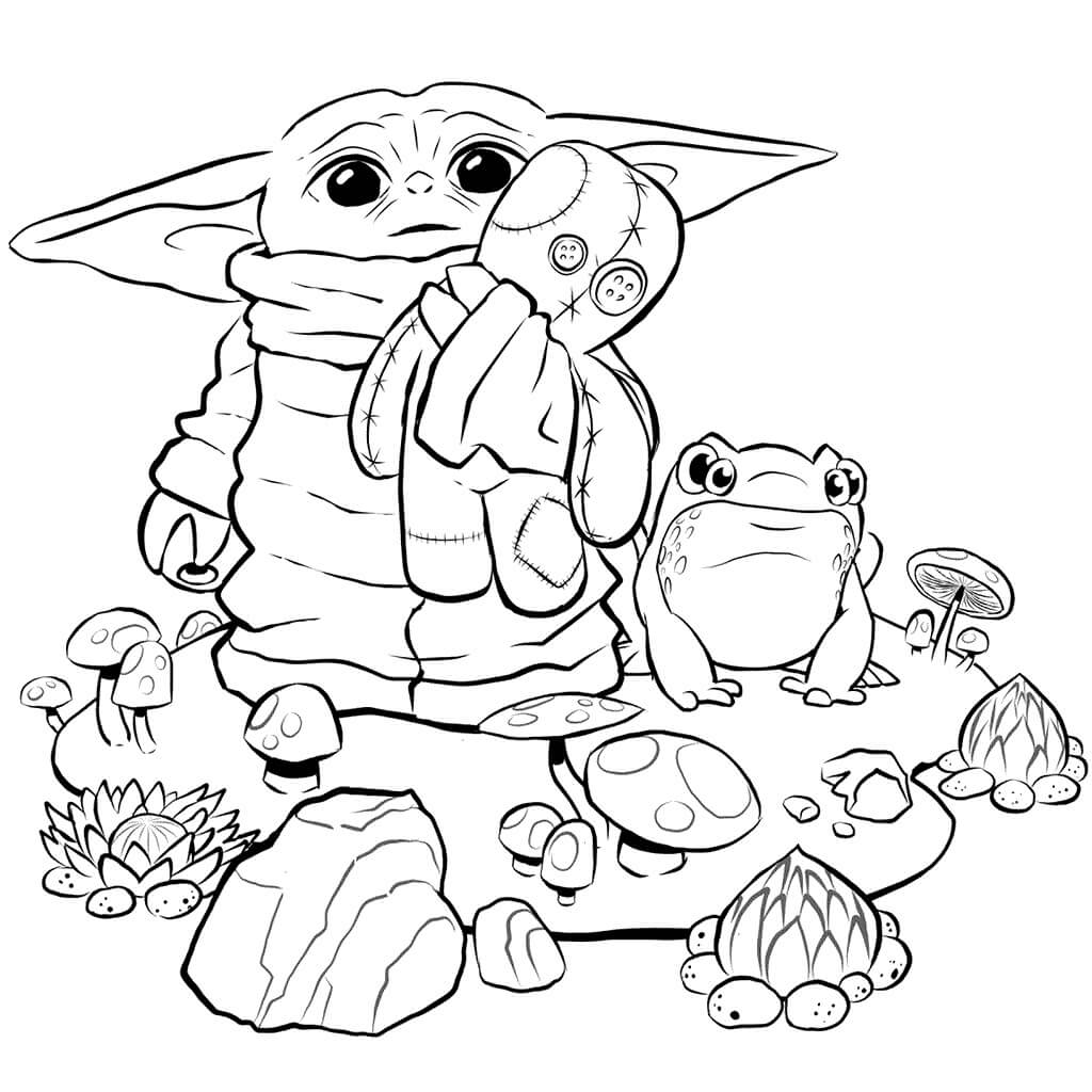 Bebé Yoda sosteniendo Juguete con Rana para colorir