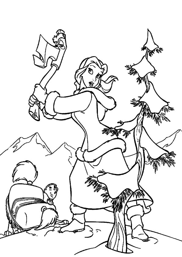 Dibujos de Belle Cortando El Árbol De Navidad para colorear