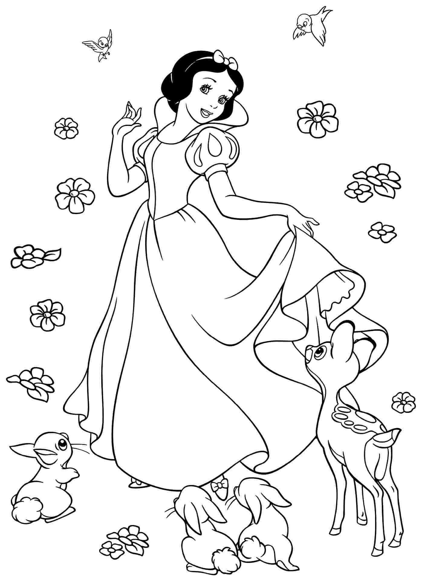 Dibujos de Blancanieves con Flores y Animales para colorear