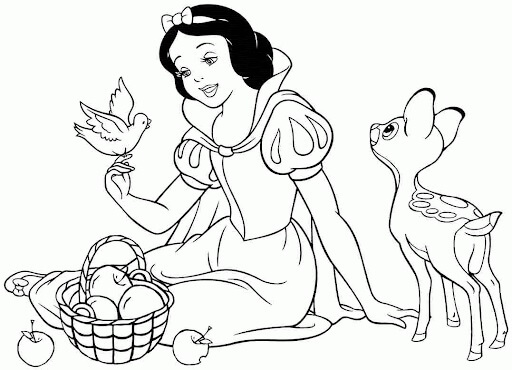 Dibujos de Blancanieves con Frutas y Animales para colorear