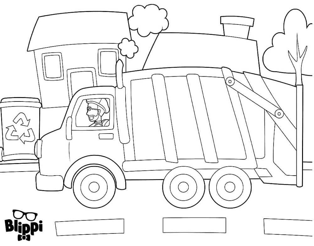 Dibujos de Blippi conduciendo un camión de basura para colorear