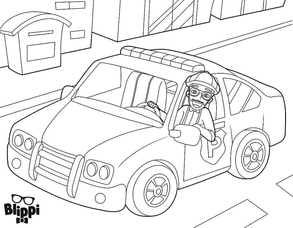 Dibujos de Blippi conduciendo un coche de policía para colorear