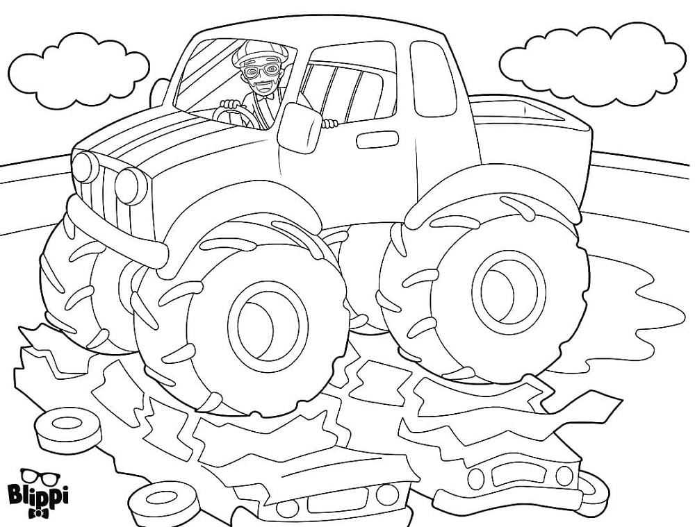 Dibujos de Blippi en un camión monstruo para colorear
