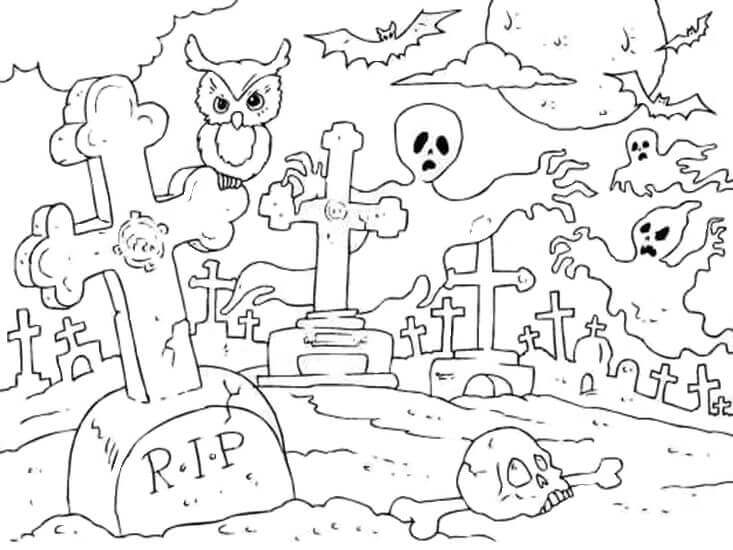 Búho Y Fantasma Del Cementerio para colorir