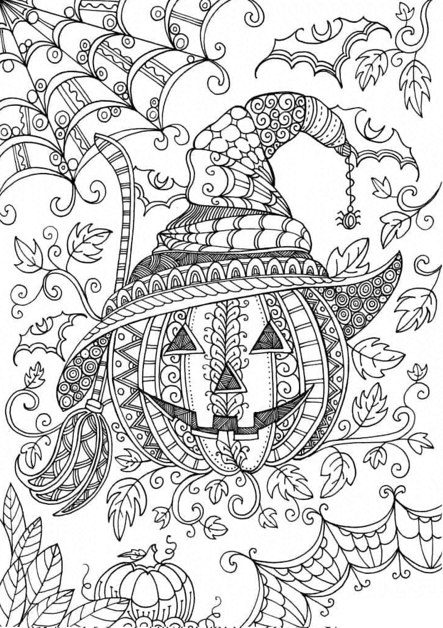 Dibujos de Calabaza con sombrero de bruja en mandalas de Halloween para colorear