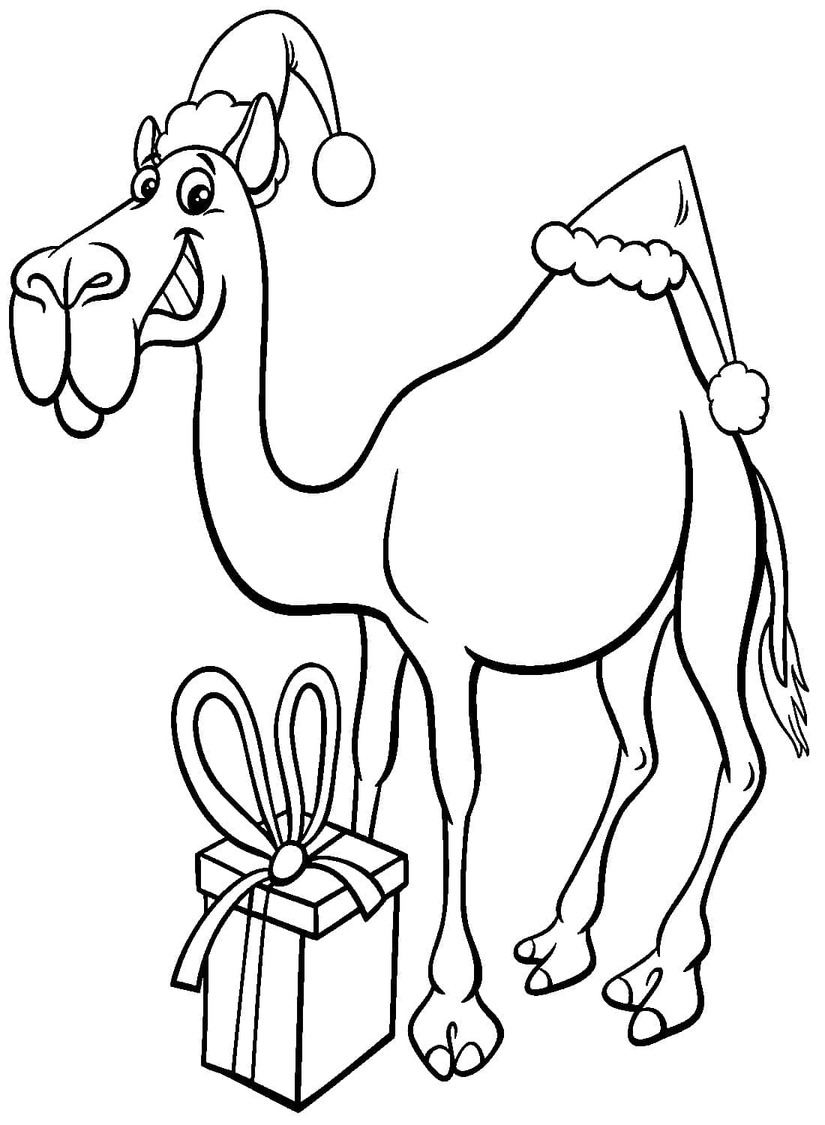 Dibujos de Camellos felices y regalo de navidad para colorear