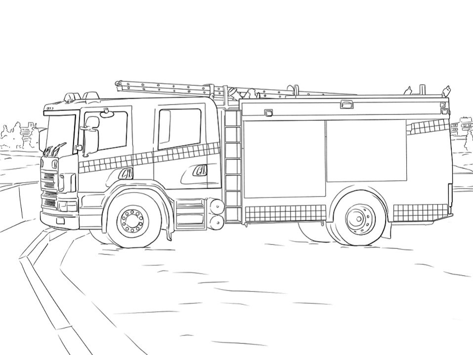 Dibujos de Camión de Bomberos en la Carretera para colorear