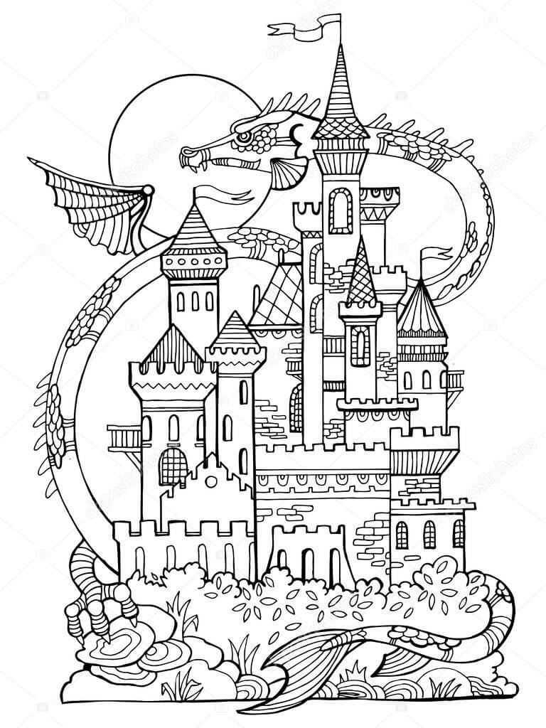 Castillo con Dragón para colorir