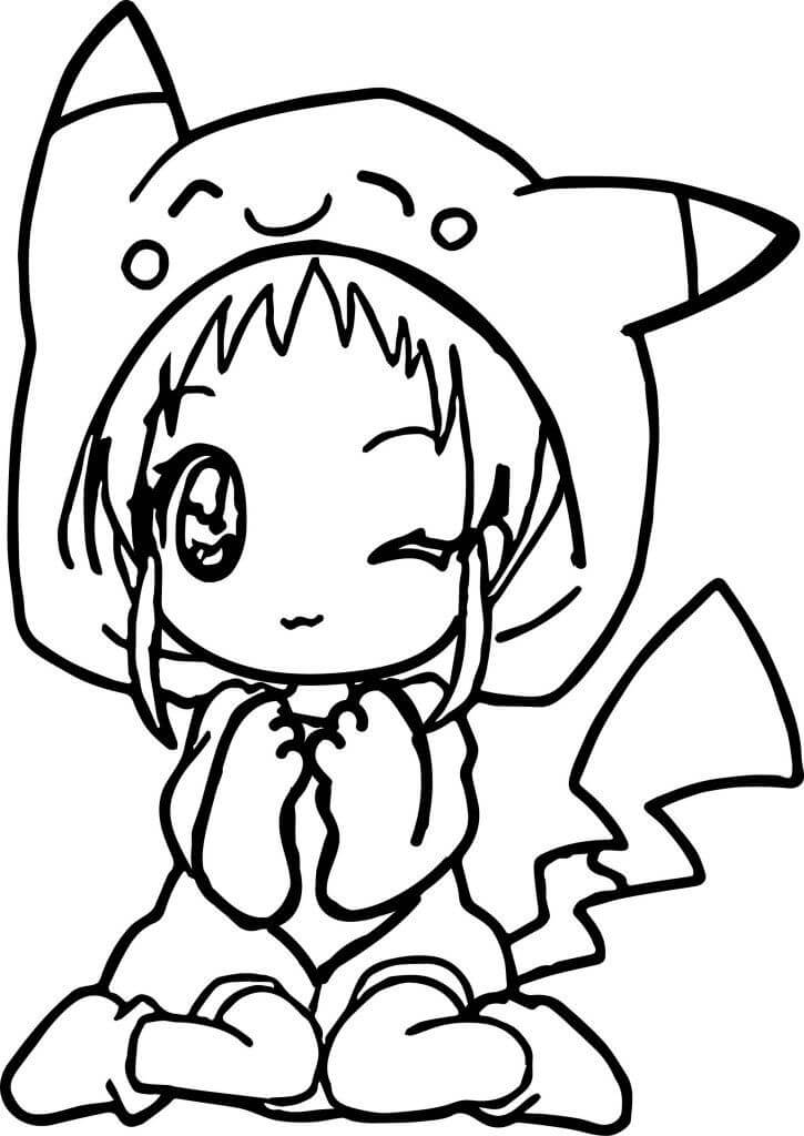 Dibujos de Chica Pikachu Kawaii para colorear