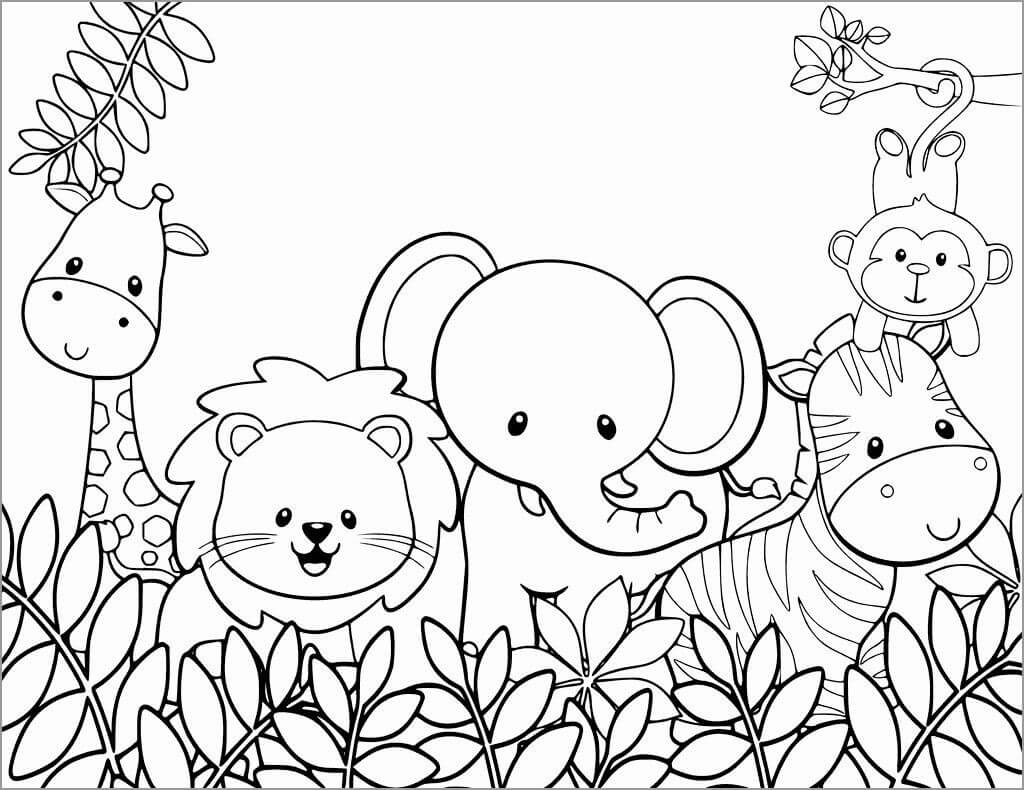 Dibujos de Cinco Animales en el Zoológico para colorear