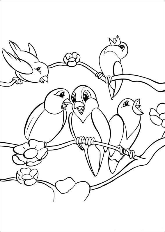 Dibujos de Cinco loros en Árbol de Rama para colorear