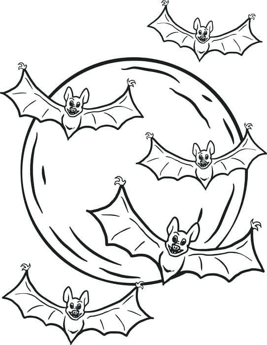 Cinco Murciélagos Voladores para colorir