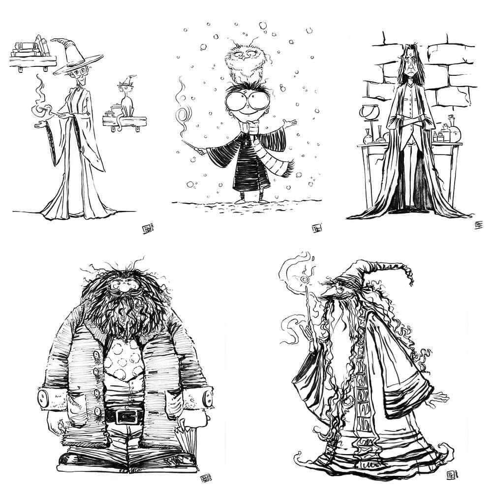Cinco personajes de Harry Potter para colorir