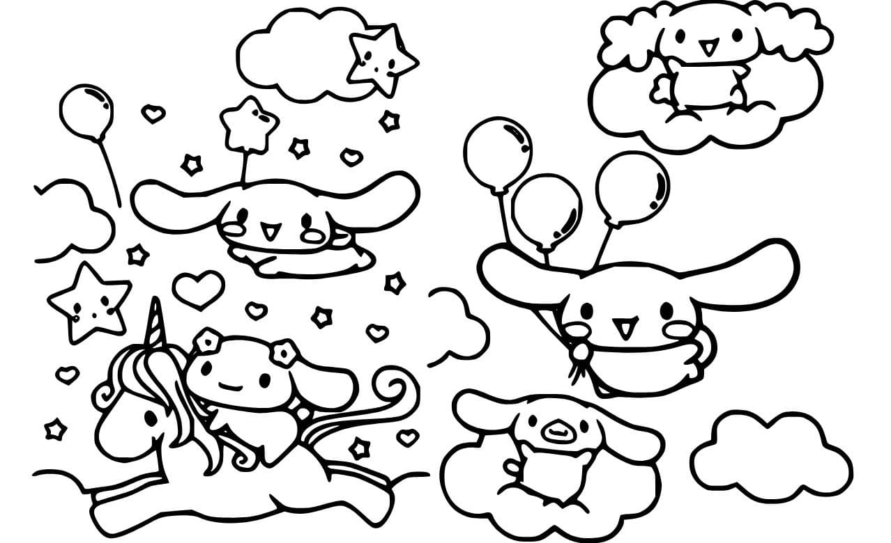 Dibujos de Cinnamoroll volando con amigos para colorear