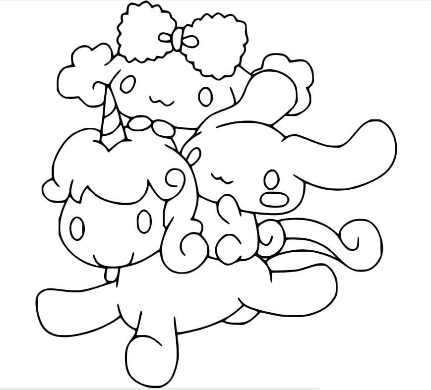 Dibujos de Cinnamoroll y Poron montando un unicornio para colorear