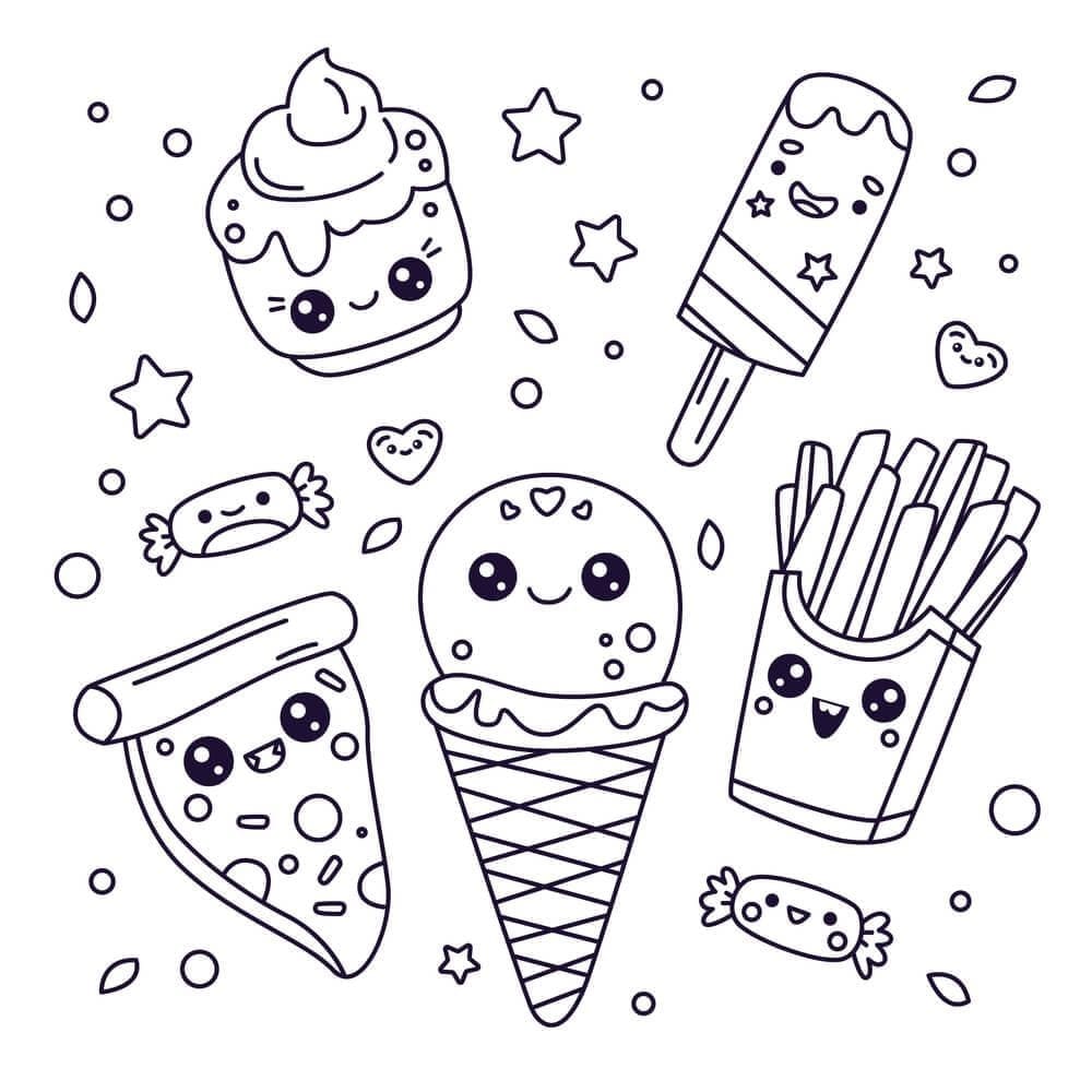 Dibujos de Colección de comida kawaii para colorear