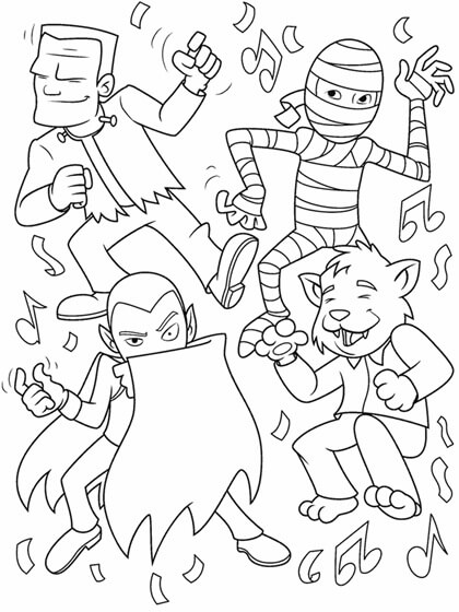 Cuatro Monstruos Bailan en Fiesta para colorir