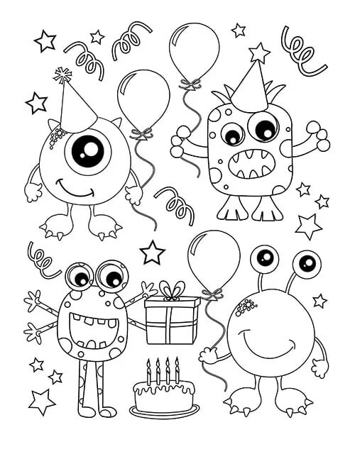 Dibujos de Cuatro Monstruos en Feliz Cumpleaños para colorear