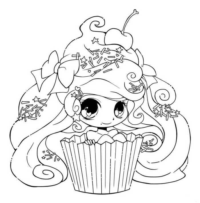 Dibujos de Cupcake de niña Kawaii para colorear