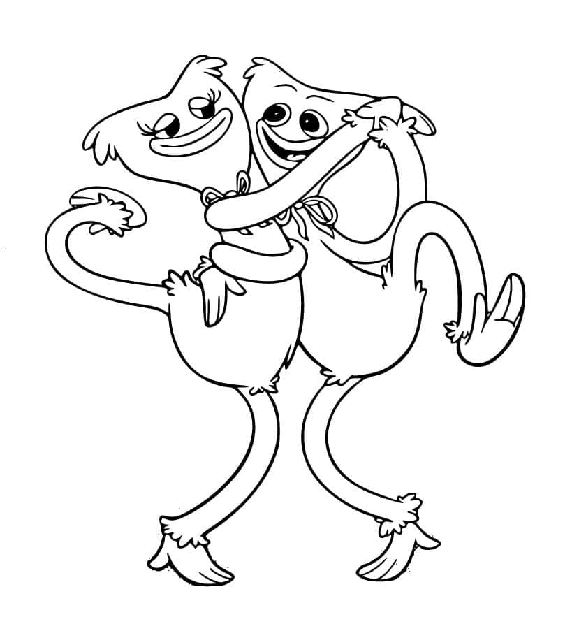 Dibujos de Dibuja a Kissy Missy y Huggy Wuggy bailando para colorear