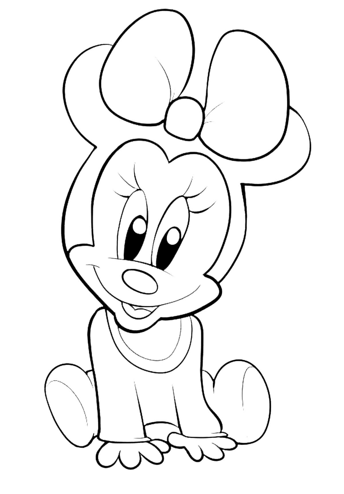 Dibuja a la bebé Minnie Mouse sentada para colorir