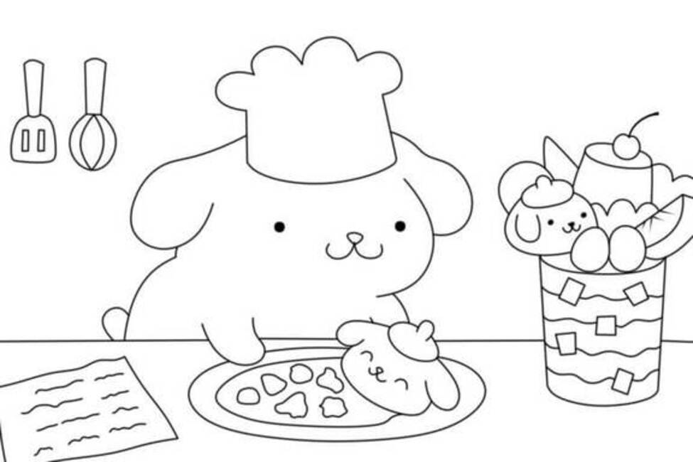 Dibujos de Dibuja a Pompompurin como chef para colorear