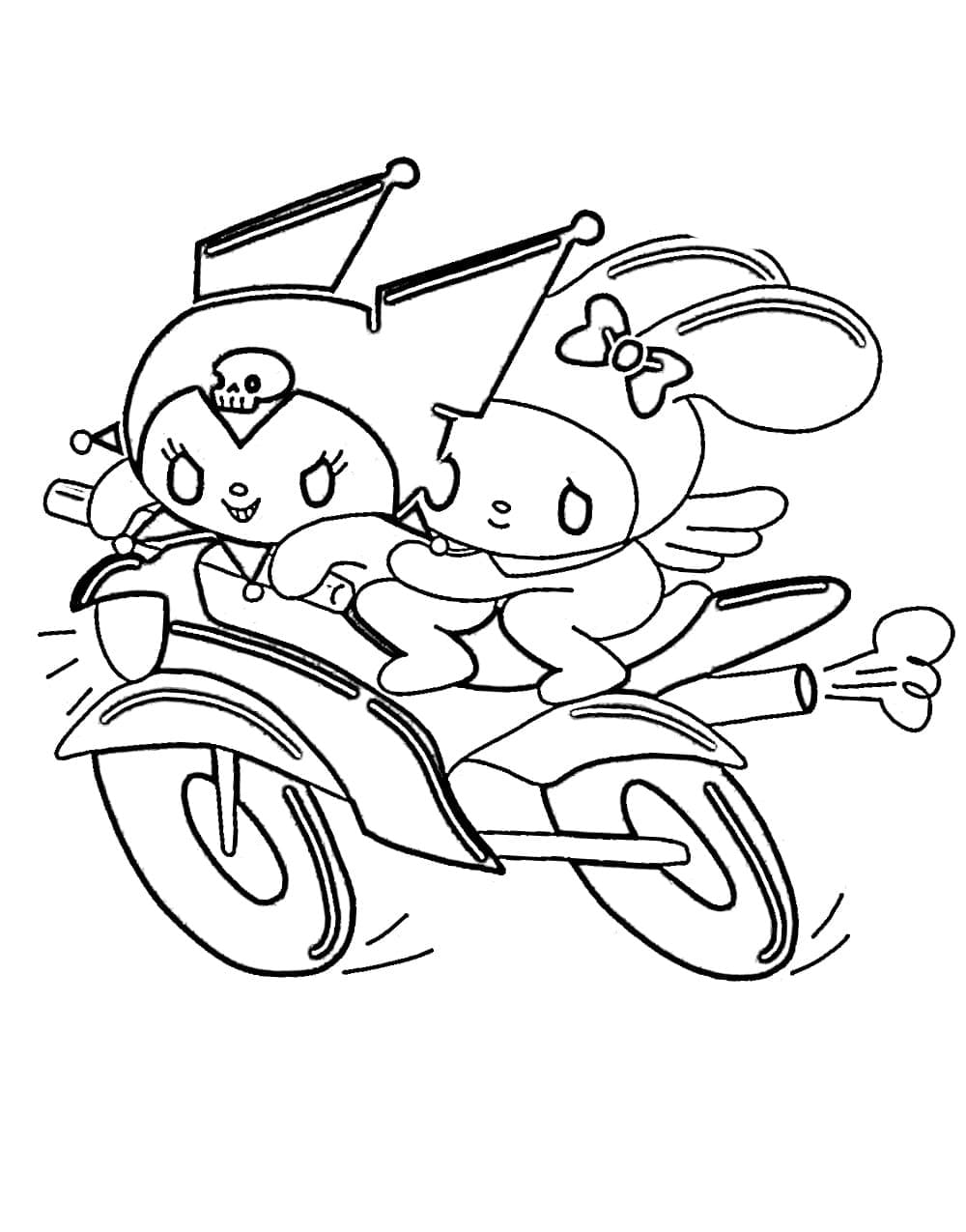 Dibujos de Dibuja Kuromi y My Melody en motocicleta para colorear