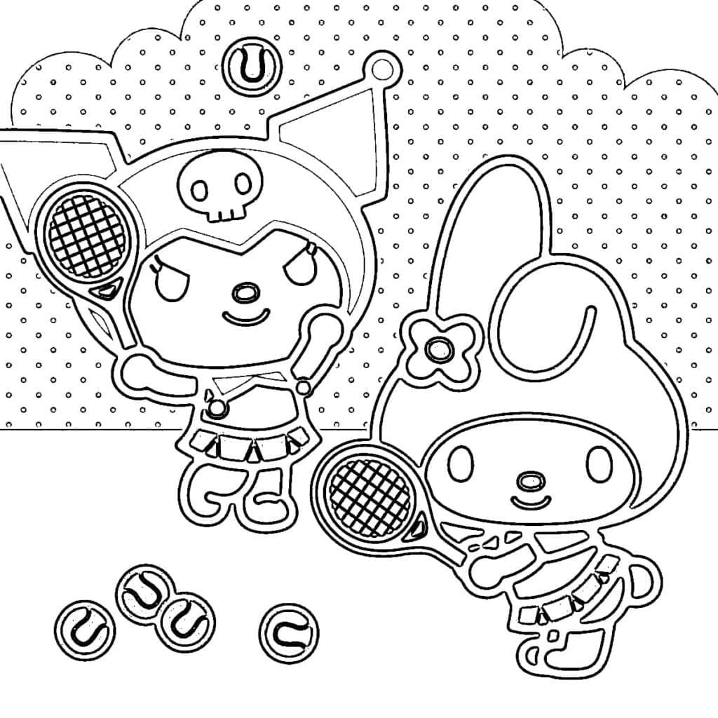 Dibujos de Dibuja Kuromi y My Melody jugando al tenis para colorear