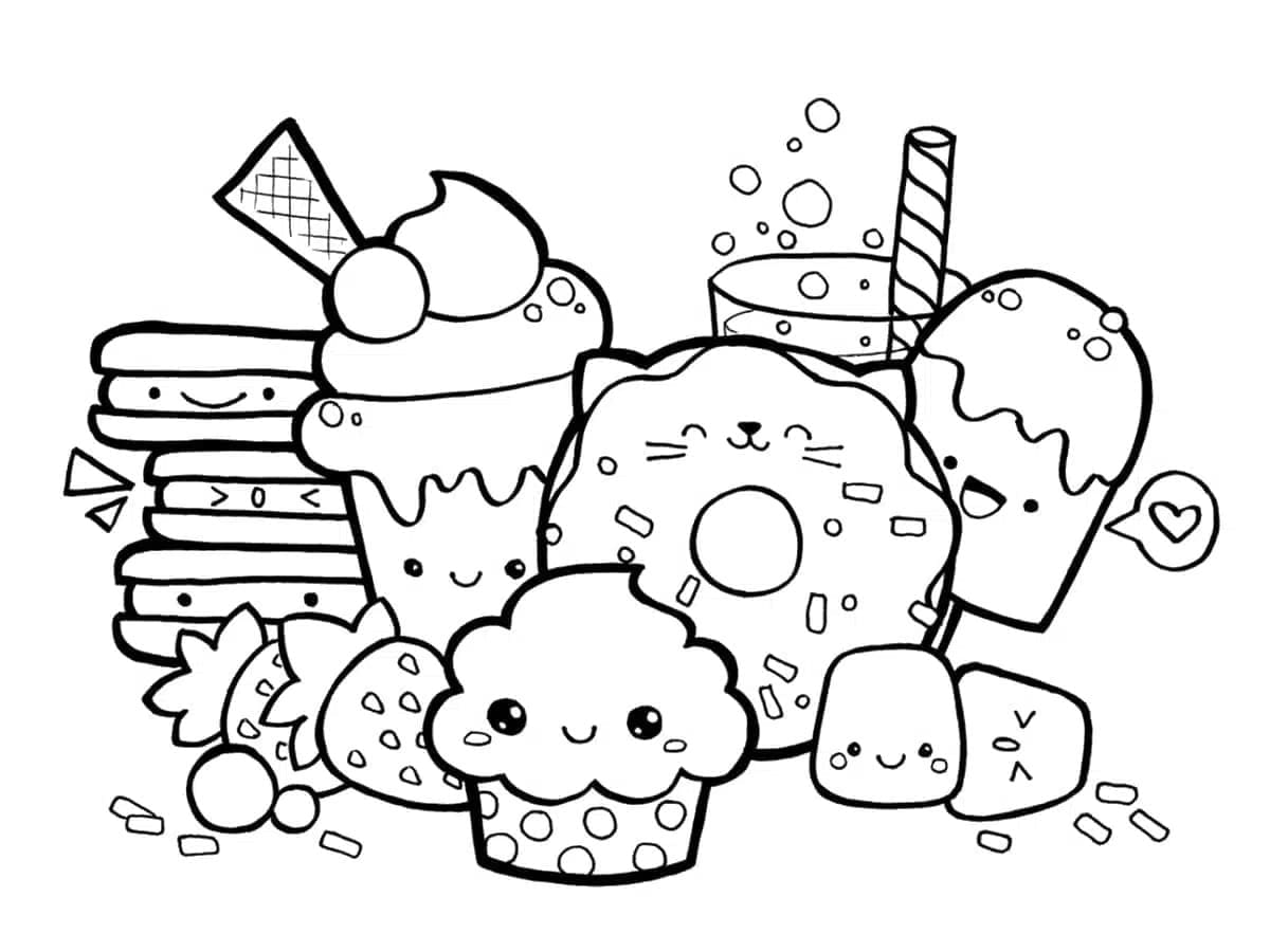 Dibujos de Dibuja muchas comidas kawaii para colorear