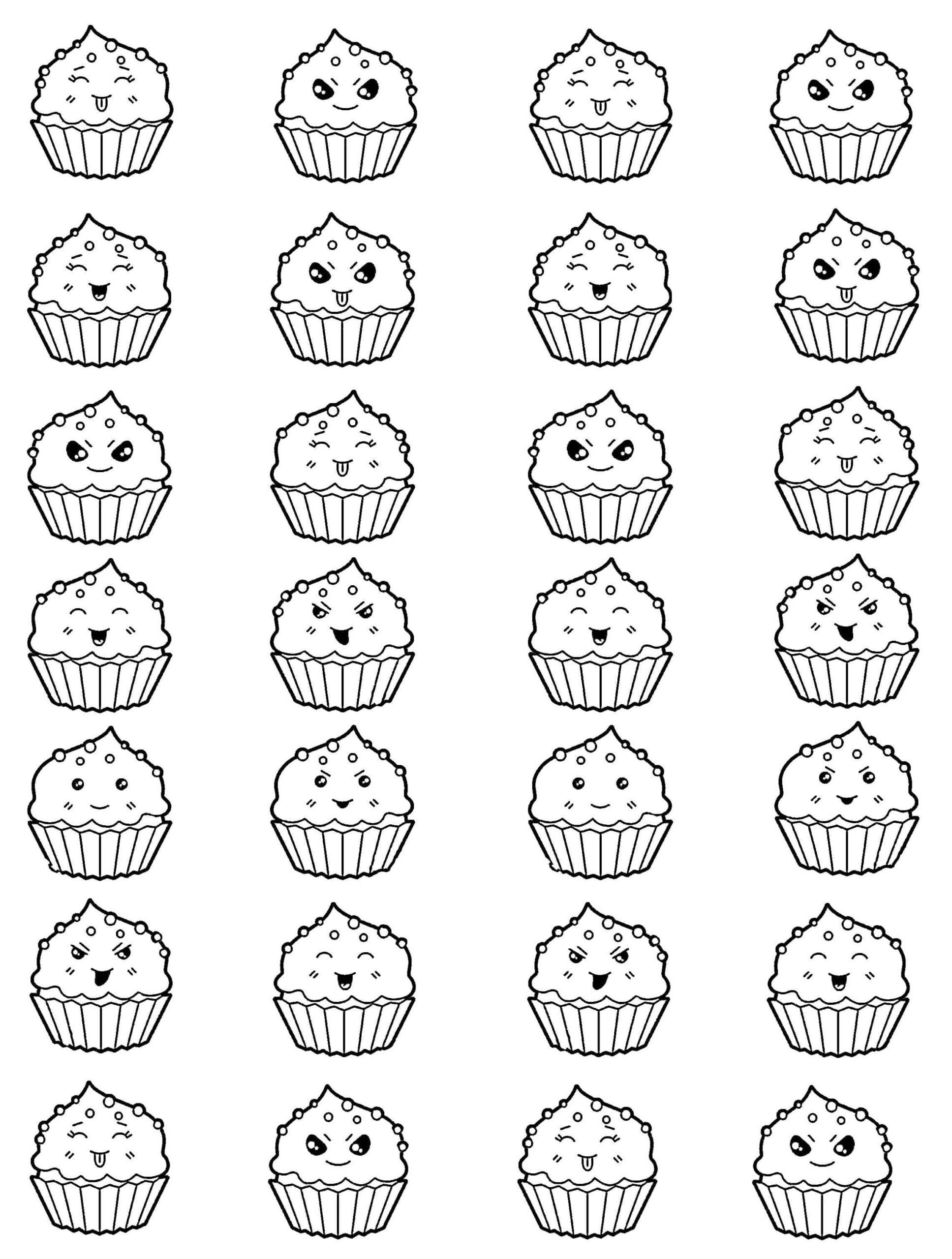 Dibujos de Dibuja muchos cupcakes kawaii para colorear