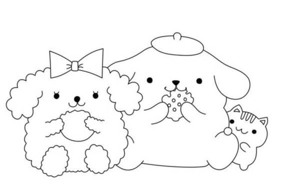 Dibujos de Dibuja Pompompurin comiendo pastel para colorear