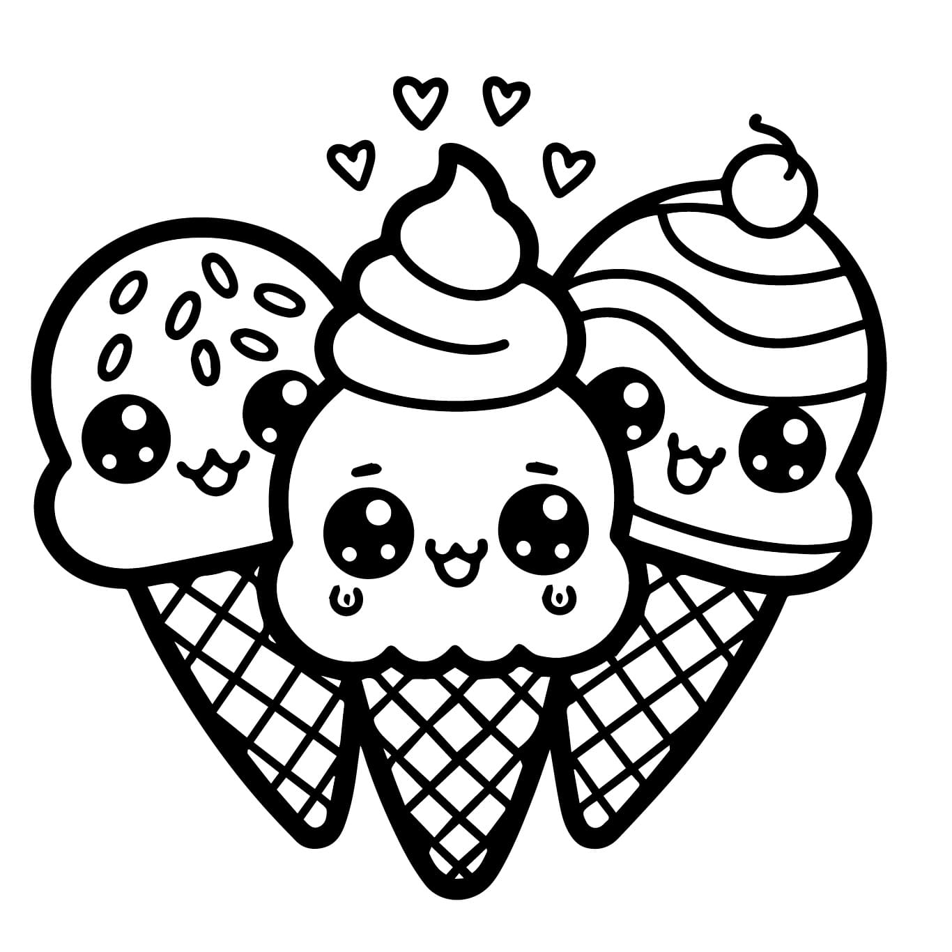 Dibujos de Dibuja tres helados kawaii para colorear