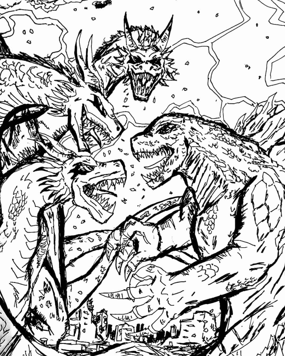 Dibujos de Dibujar a Ghidorah contra Godzilla para colorear