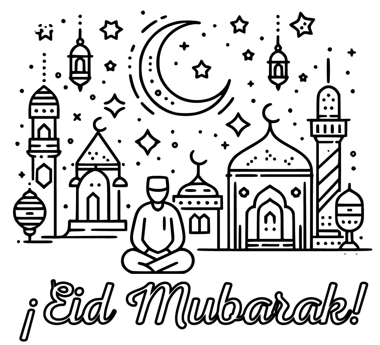 Dibujar Eid Mubarak para niños imprimible para colorir