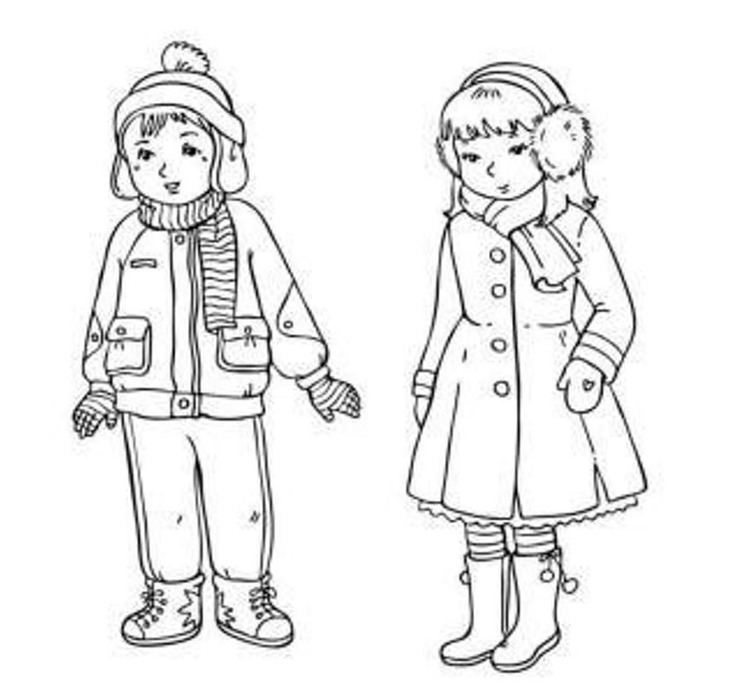 Dibujos de Dibujar niño y niña ropa de invierno para colorear