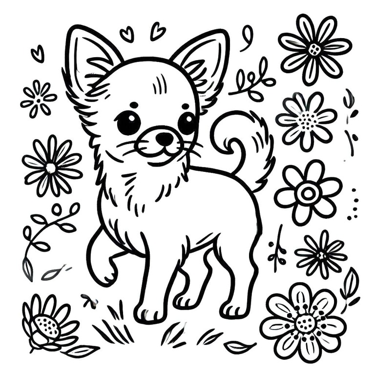 Dibujos de Dibujar perro chihuahua con flores para colorear