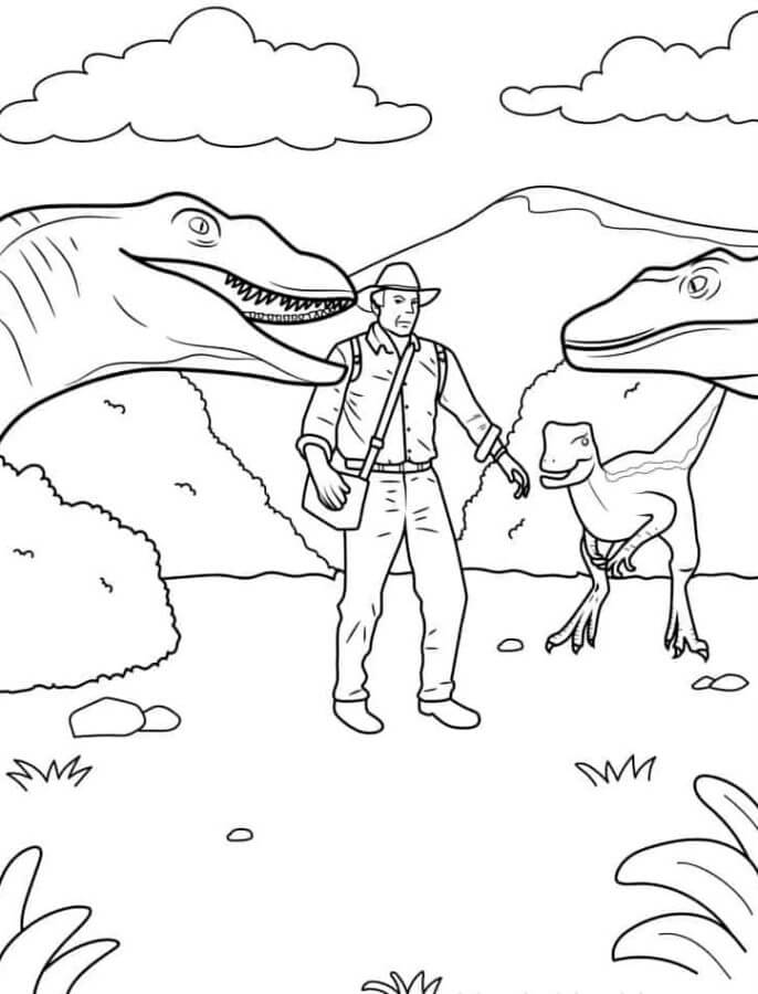 Dibujar un hombre con tres velociraptores para colorir