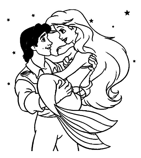 Dibujo Sirena Ariel en los Brazos de Eric para colorir