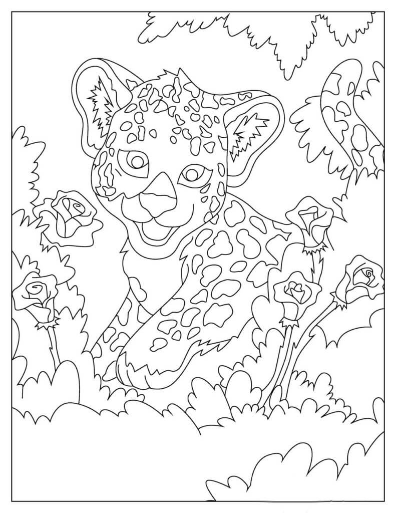 Dibujos de Divertido Jaguar con Flores para colorear