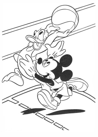 Donald Jugando Baloncesto Con Mickey para colorir