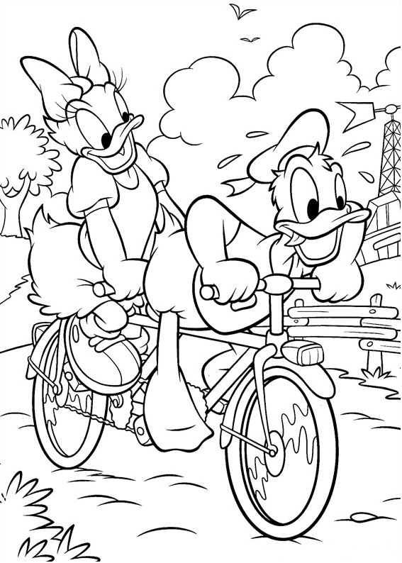 Donald Y Daisy En Bicicleta para colorir