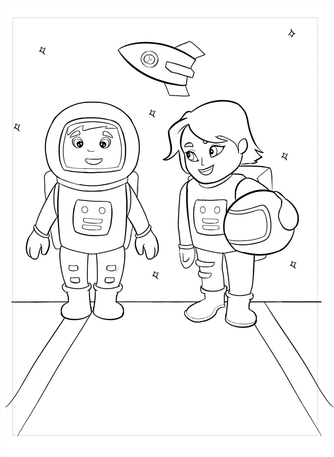 Dibujos de Dos Astronautas en el Espacio para colorear