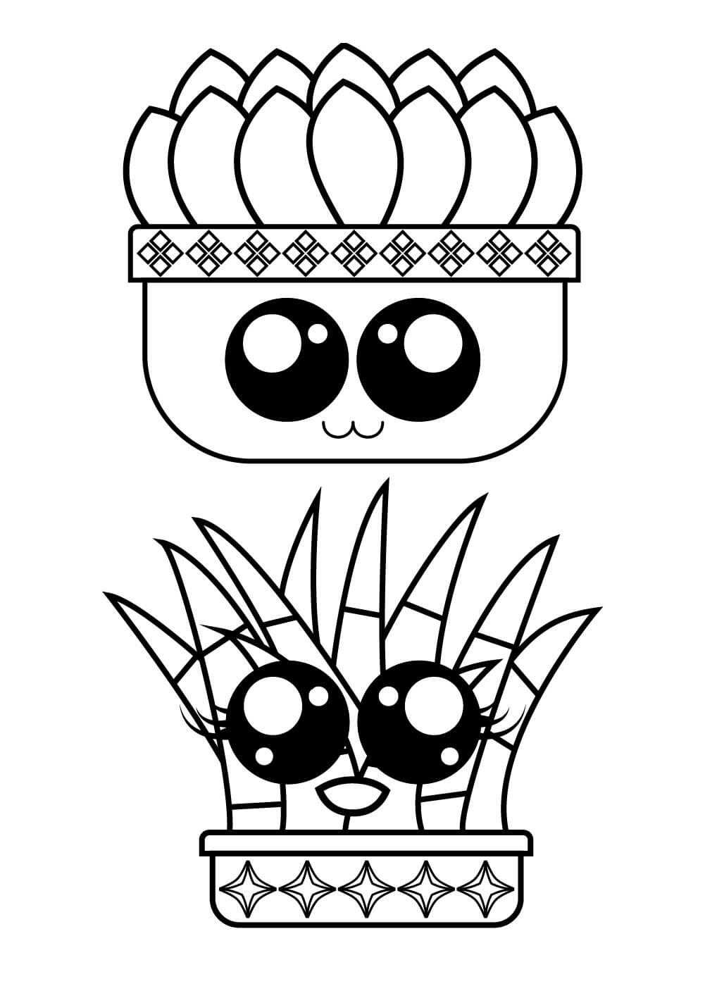Dibujos de Dos Cactus en Maceta Kawaii para colorear