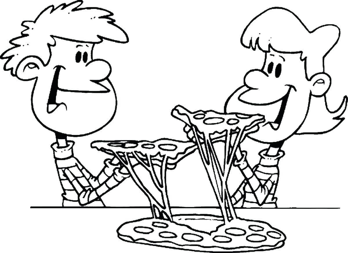 Dibujos de Dos Niños Comiendo Pizza para colorear